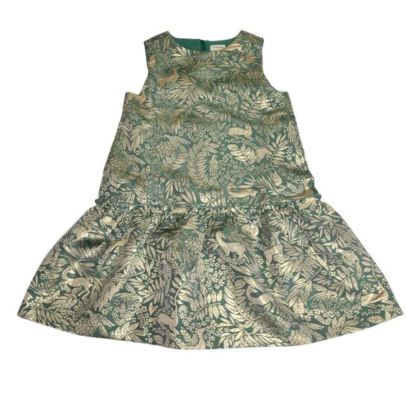 Crewcuts Girls 6 Metallic Leaf Print Drop-Waist Dress Green & Gold  3727 - Picture 1 of 8